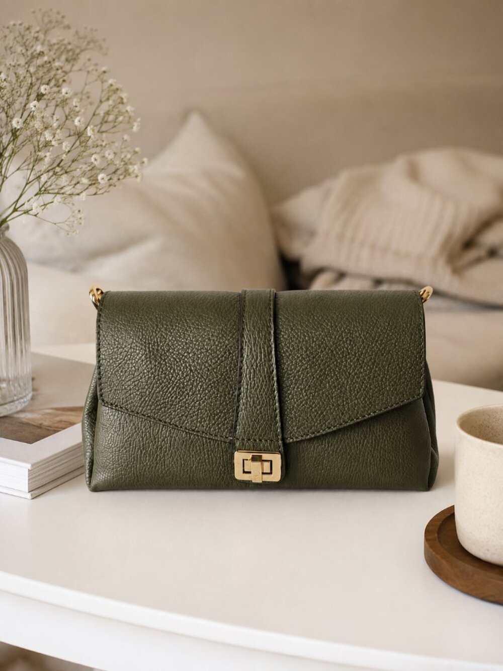 Sage Green Italian Leather Crossbody Bag, Structured Shoulder Purse